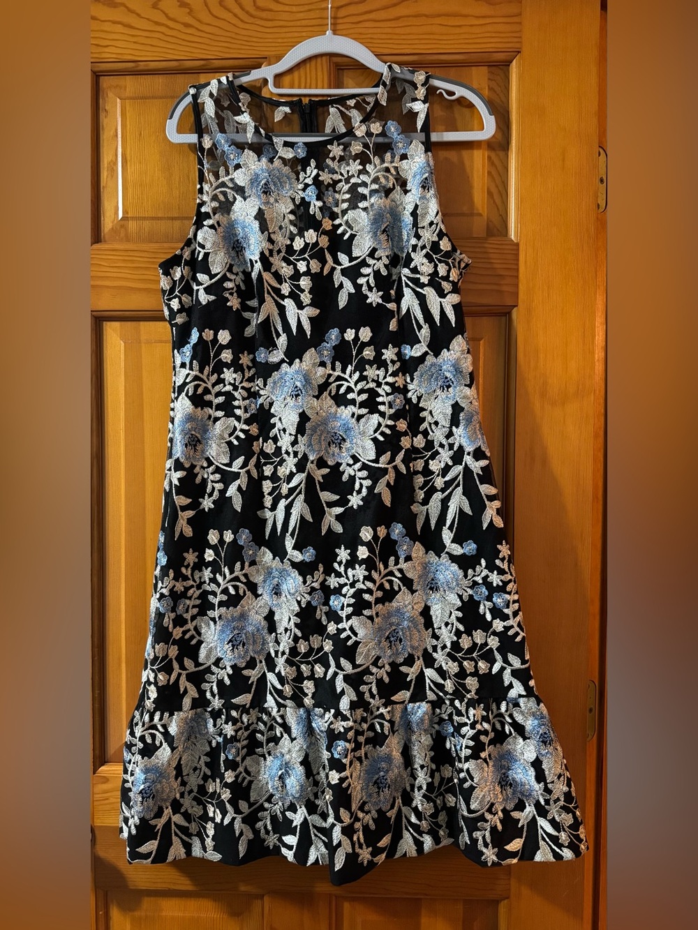 White House Black Market Black Dress with Blue and Gold Floral Embroidery